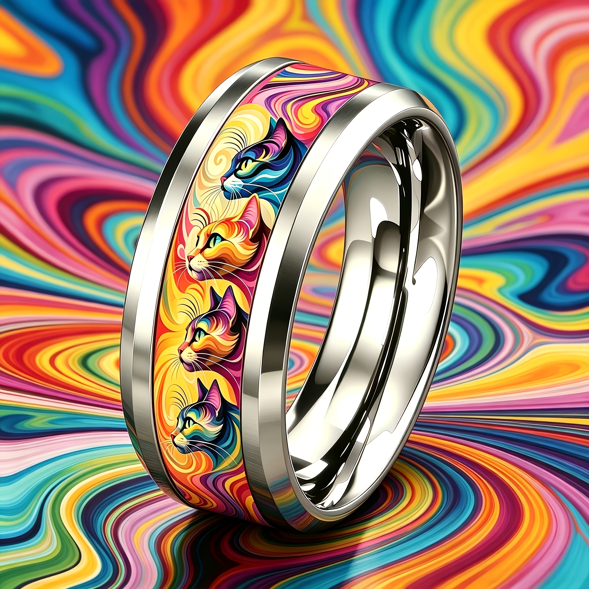 Psychedelic Vortex Rainbow Iridescent Cat 304 Stainless Steel Ring